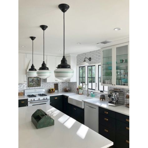 Primary Schoolhouse Pendant Light, 100-Black, Small Opaque Glass, Triple Painted Band, SBK-Standard Black Cord | Photo Courtesy of of Alpenglow Interiors