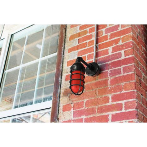 Industrial Guard LED Sconce, 100-Black, No Shade, CGG-Standard Cast Guard, RED-Red Glass | Photo Courtesy of Whiskey Kitchen (Raleigh, NC)
