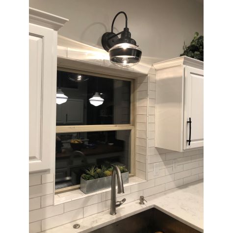 Primary Schoolhouse Sconce, 100-Black, Small Clear Glass, Single Painted Band | Photo Courtesy of Homeowner