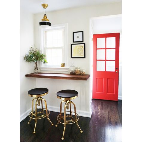 Primary Schoolhouse Cord Hung Light, 997-Natural Raw Brass, Small Opaque Glass, Single Painted Band, 100-Black, SBK-Standard Black Cord | Photo Courtesy of Melissa Maria and Architectural Digest