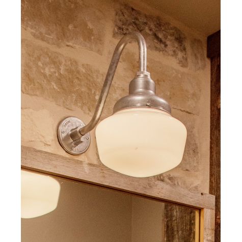 Primary Schoolhouse Gooseneck Light, 975-Galvanized, Small Opaque Glass, No Painted Band, G26 Gooseneck Arm | Photo Courtesy of Cobalt Living and Ashlee Newman Photography