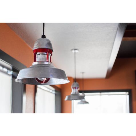 16" Sydney Cord Hung Pendant, 975-Galvanized Finish, SBK-Standard Black Cord, With Cap, 975-Galvanized Ceiling Canopy Finish, 400-Barn Red Guard, RIB-Ribbed Glass | Photo Courtesy of Woody's Bar-B-Q Restaurant in Cocoa, Florida