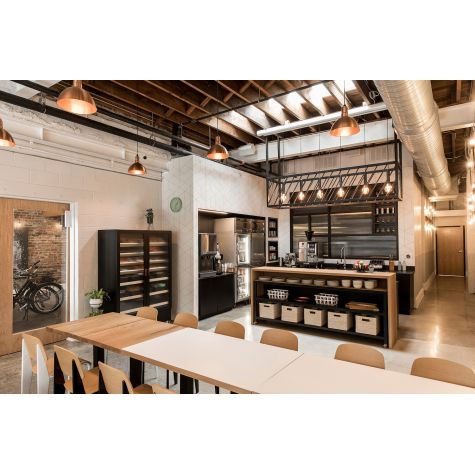 (5) 12" Wilcox Vented Cord Hung Pendants, 995-Raw Copper, Narrow Slot Vent, SBK-Standard Black Cord, Copper Hex Cover | Photo Courtesy of Campfire & Co.