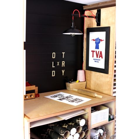 Sinclair Swing Arm Sconce, 100-Black Shade & Arm Finish, CSR-Red Cloth Cord, UK-Black Socket with Knob Switch, 1910 Era 60W Edison Bulb | Photo Courtesy of Old Try (www.theoldtry.com)