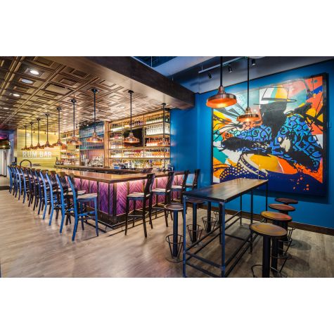 14" Union, 995-Natural Raw Copper, 36" Stem, 100-Black, Hang Straight Canopy | Photo Courtesy of Bomba Restaurant