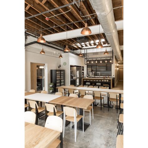 (8) 12" Wilcox Vented Cord Hung Pendants, 995-Raw Copper, Narrow Slot Vent, SBK-Standard Black Cord, Copper Hex Cover | Photo Courtesy of Campfire & Co.
