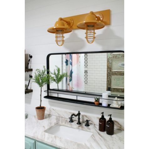 Industrial Guard Double Vanity Light, 570-Sunflower, CGG-Standard Cast Guard, CLR-Clear Glass | Photo Courtesy of Lolly Jane