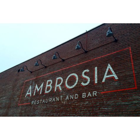 (5) 10" Emblem Sign Lights, 100-Black, G22 Gooseneck Arms | Photo Courtesy of Ambrosia Restaurant & Bar, Eugene, OR