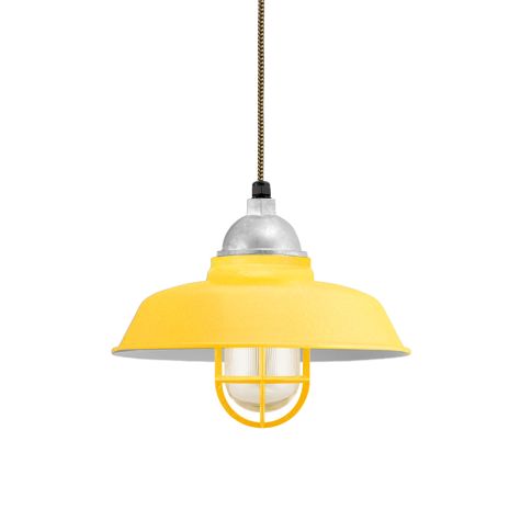 12" Rochester, 500-Buttery Yellow, CGG-Standard Cast Guard, RIB-Ribbed Glass, CSBG-Black & Gold Cloth Cord, Top & Canopy in 975-Galvanized