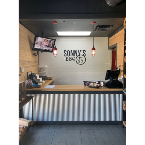 (2) Industrial Guard Pendant Light, 400-Barn Red Finish, SBK-Standard Black Cord, No Shade, CGG-Standard Cast Guards, CLR-Clear Glass | Photo Courtesy of Sonny’s BBQ Restaurant