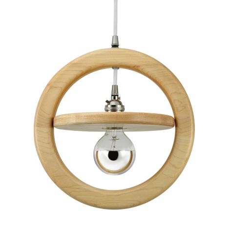 Arcadia Wooden Ring Pendant, Maple Wood, Nickel Socket, SBK-Standard Black Cord, Shown with G25 Half-Chrome Bulb