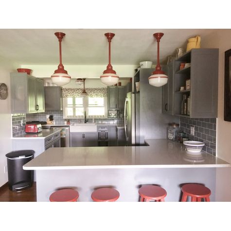 Primary Schoolhouse Stem Mount Light, 400-Barn Red, Small Opaque Glass, Double Painted Band | Photo Courtesy of Homeowner
