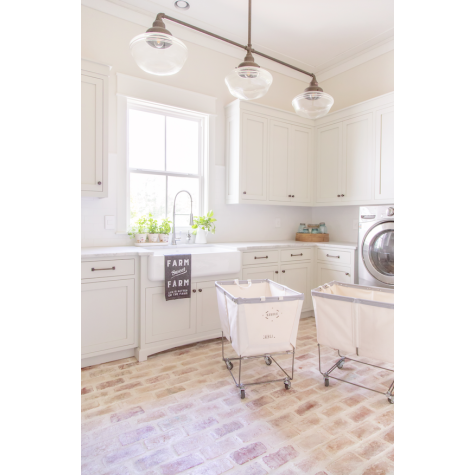 Primary Schoolhouse 3-Light Chandelier, Large Clear Glass, 615-Oil-Rubbed Bronze Finish, 24” Mounting Arms, 36” Stem, Standard Beehive Canopy, Triple Painted Band in 200-White | Photo Courtesy of Our Modern Antebellum