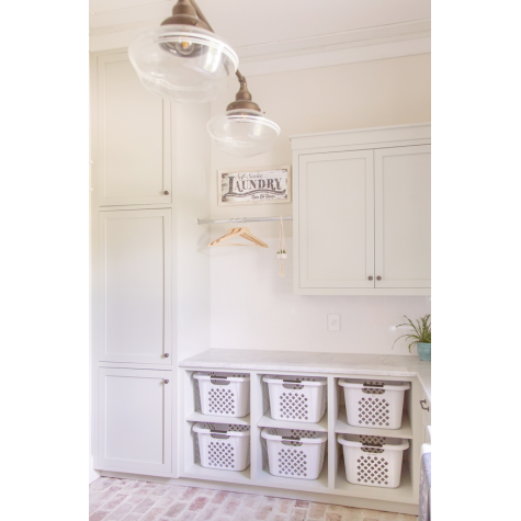 Primary Schoolhouse 3-Light Chandelier, Large Clear Glass, 615-Oil-Rubbed Bronze Finish, 24” Mounting Arms, 36” Stem, Standard Beehive Canopy, Triple Painted Band in 200-White | Photo Courtesy of Our Modern Antebellum