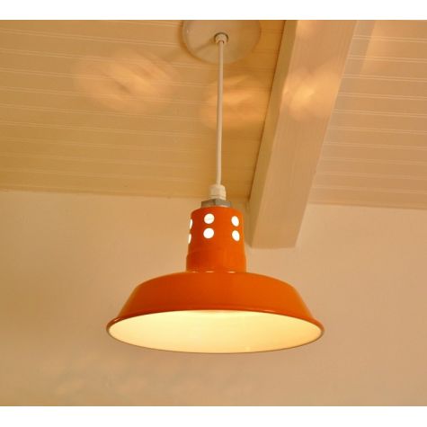 12" Original Vented Warehouse Pendant, 495-Sherbert Orange, Circle Vents, SWH-Standard White Cord | Photo Courtesy of Homeowner