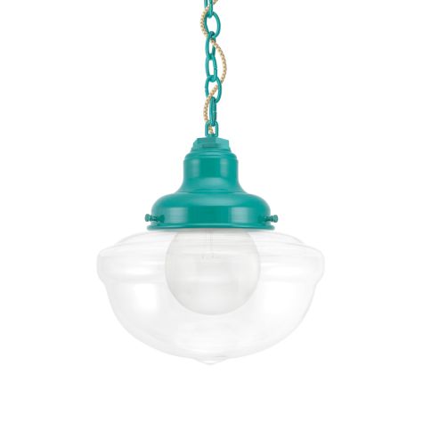 Acorn Chain Hung, 390-Teal, Clear Glass, No Stripe, Mounting in 390-Teal, CSGW-Gold & White Cloth Cord, Shown with G40 Bulb
