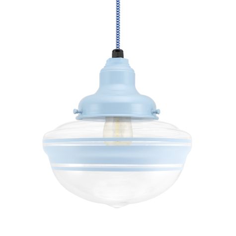 Acorn Pendant, 715-Delphite Blue, Clear Glass, Three Painted Band, CSUW-Blue & White Cloth Cord, Shown with 1890 Edison Bulb