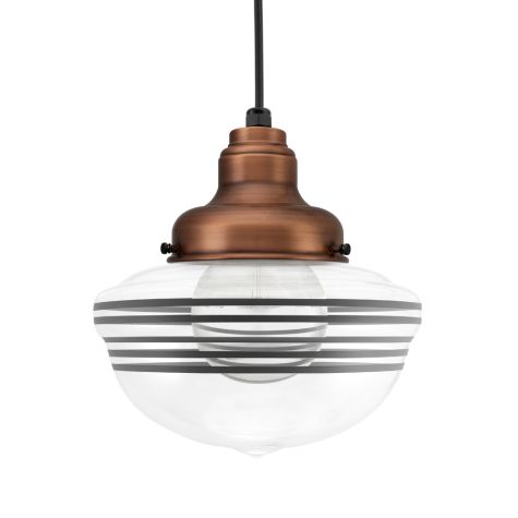 Acorn Pendant, 996-Natural Weathered Copper, Clear Glass, Five Painted Band, 100-Black, CSB-Black Cloth Cord, Decorative Hex Cover, Shown with G40 Half-Chrome Bulb