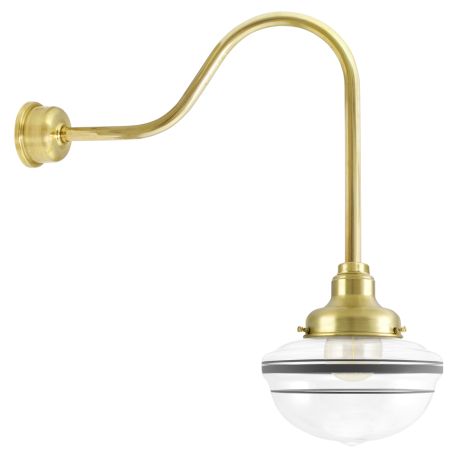 Acorn Gooseneck, 997-Natural Raw Brass, Clear Glass, Three Painted Band, 100-Black, G24 Gooseneck Arm, 997-Natural Raw Brass, Decorative Backing Plate & Hex Cover, Shown with G30 Bulb