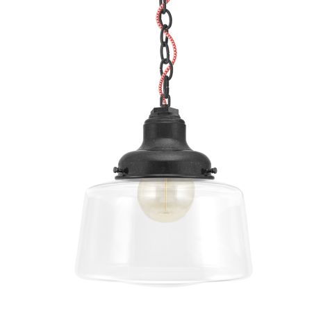 Drum Chain Hung, 805-Charcoal Granite, Clear Glass, No Stripe, Mounting in 805-Charcoal Granite, CSRW-Red & White Cloth Cord, Shown with G30 Bulb