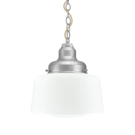 Drum Chain Hung, 975-Galvanized, Opaque Glass, No Painted Band, Mounting in 975-Galvanized, CSGW-Gold & White Cloth Cord