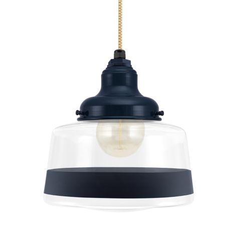 Drum Pendant, 705-Navy, Clear Glass, Single Painted Band, 705-Navy, CSGW-Gold & White Cloth Cord, Shown with G30 Bulb