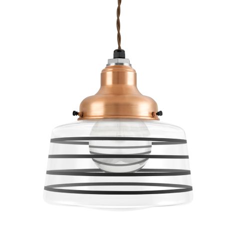 Drum Schoolhouse Pendant, 995-Natural Raw Copper, Clear Glass, Four Painted Band, 100-Black, TBR-Brown Cotton Twist Cord, Shown with G40 Half-Chrome Bulb