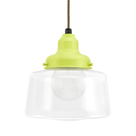 Drum Schoolhouse Pendant, 380-Chartreuse, Clear Glass, No Stripe, CSBG-Black & Gold Cloth Cord, Shown with G40 Bulb