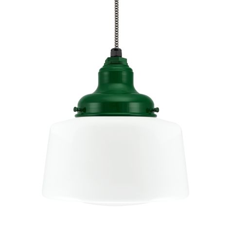 Drum Schoolhouse Pendant, 307-Emerald Green, Opaque Glass, No Stripe, CSBW-Black & White Cloth Cord