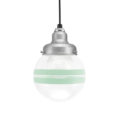 Round Schoolhouse Pendant, 975-Galvanized, Clear Glass, Two Painted Band, 311-Jadite, CSB-Black Cloth Cord, Shown with G40 Bulb