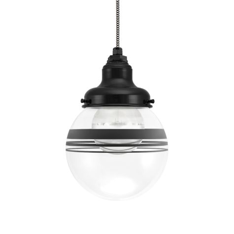 Round Schoolhouse Pendant, 100-Black, Triple Painted Band, CSBW-Black & White Cloth Cord, Shown with G40 Half-Chrome Bulb
