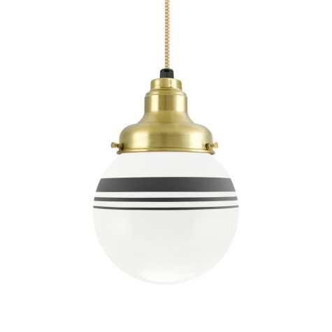 Round Schoolhouse Pendant, 997-Natural Raw Brass, Opaque Glass, Three Painted Band, 100-Black, CSGW-Gold & White Cloth Cord