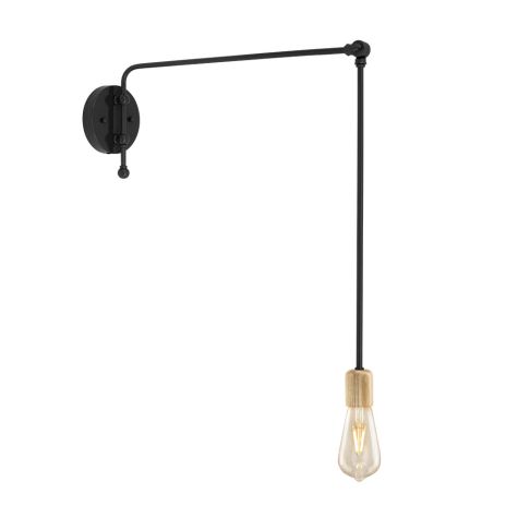 Downtown Minimalist Wooden Socket Swing Arm Sconce, 100-Black, G69 Arm, Ash Wood, Shown with LED ST19 Bulb