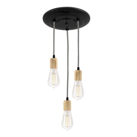 Downtown Minimalist Wooden Socket 3-Light Pendant, 100-Black, Ash Wood, CSBW-Black & White Cloth Cord, Shown with Edison 1910 Era Bulbs