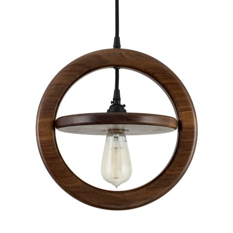 Arcadia Wooden Ring Pendant, Walnut Wood, Black Socket, SBK-Standard Black Cord, Shown with Edison 1910 Era Bulb