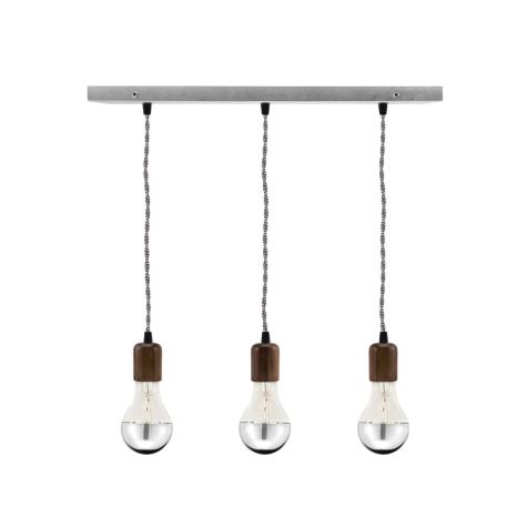 Downtown Minimalist Wooden Socket 3-Light Pendant, 975-Galvanized, Walnut Wood, TBW-Black & White Twist Cord, Shown with A21 Half Chrome Bulb
