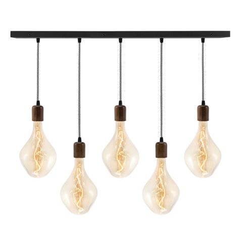 Downtown Minimalist Socket 5-Light Pendant, 105-Textured Black, Walnut Wood, CSBW-Black & White Cloth Cord, Shown with Voronoi II Tala Lamps