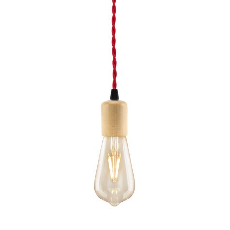 Downtown Minimalist Wooden Socket Pendant, Maple Wood, TRW-Red & White Twist Cord, Shown with ST19 LED Edison Bulb