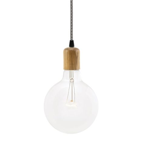 Downtown Minimalist Wooden Socket Pendant, Oak Wood, CSBW-Black & White Cloth Cord, Shown with G40 Clear Bulb