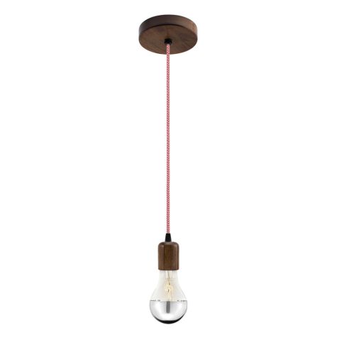 Downtown Minimalist Wooden Socket Pendant, Walnut Wood, CRZ-Red & White Chevron Cord, Walnut Wood Canopy Cover, Shown with A21 Half-Chrome Bulb
