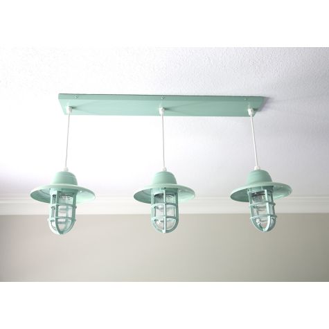Enterprise 3-Light Chandelier, 311-PTM Jadite, TGG-Heavy Duty Cast Guard, Clear Glass, SWH-Standard White Cord | Photo Courtesy of Jamielyn Nye - I Heart Nap Time