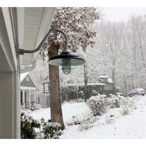 14" Bridgeport, 100-Black, CGG-Standard Cast Guard in 975-Galvanized, FST-Frosted Glass, G15 Gooseneck Arm in 975-Galvanized | Photo Courtesy of Homeowner