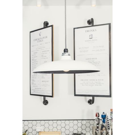 16” Sinclair LED, Exterior: 250-White, Interior: 8520-Graphite, CSBW-Black & White Cloth, Dome Lens, 1250 Lumens, 2700k Color Temp | Photo Courtesy of Chook Chicken and Jason Holschuh Photography