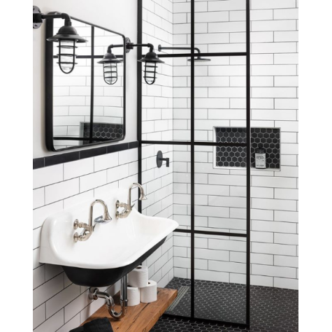 Industrial Guard Sconce, 100-Black, Flared Shade, CGG-Standard Cast Guard, Clear Glass | Photo Courtesy of Two Hawks Design & Development
