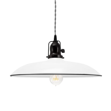 16" Sinclair Spoke Top Pendant, 250-Porcelain White, Cup in 100-Black, With Arms, Paddle Switch, TBK-Black Cotton Twist Cord, Nostalgic Edison-Style Victorian 40 Watt Light Bulb