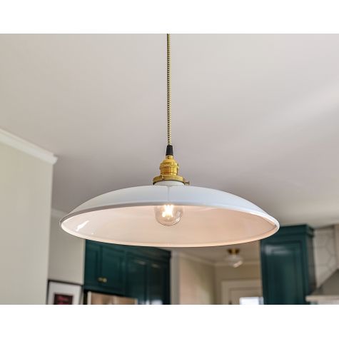 16" Sinclair Industrial Pendant, 200-White, CSGW-Gold and White Cloth Cord, BS-Brass Socket with No Switch | Photo Courtesy of Taylor Newton Photography