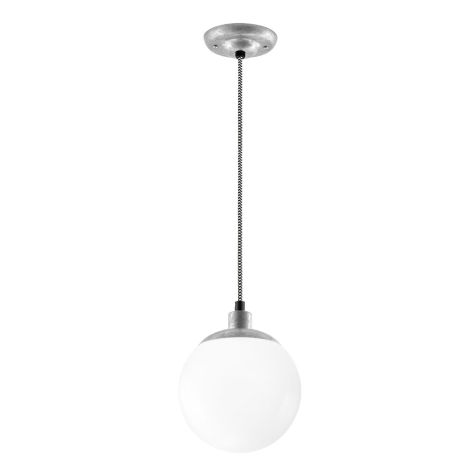 8" Glass Ball Pendant, Opaque Glass, 975-Galvanized, CSBW-Black & White Cloth Cord