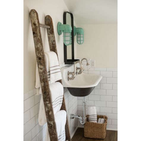 Streamline Industrial Guard Sconce, 311-Jadite PTMP, No Shade, Heavy Duty Guard, FST-Frosted Glass | Photo Courtesy of Sarah C Designs