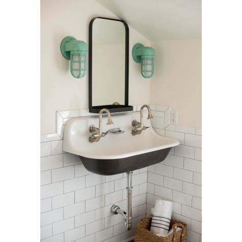 Streamline Industrial Guard Sconce, 311-Jadite PTMP, No Shade, TGG-Heavy Duty Guard, FST-Frosted Glass | Photo Courtesy of Sarah C Designs