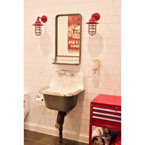 Industrial Guard Sconce, 400-Barn Red, CGG-Cast Guard, RIB-Ribbed Glass | Photo Courtesy of Tami Hutter